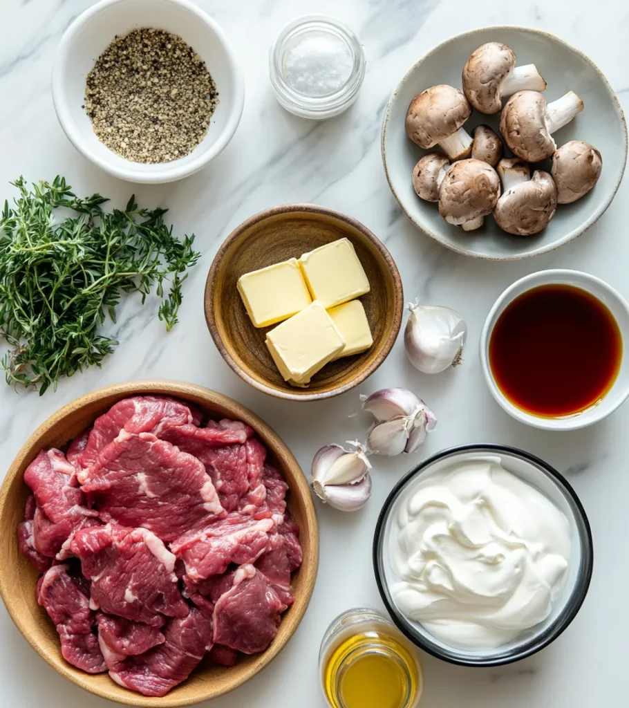 Beef Stroganoff ingredients by Pearl recipes.